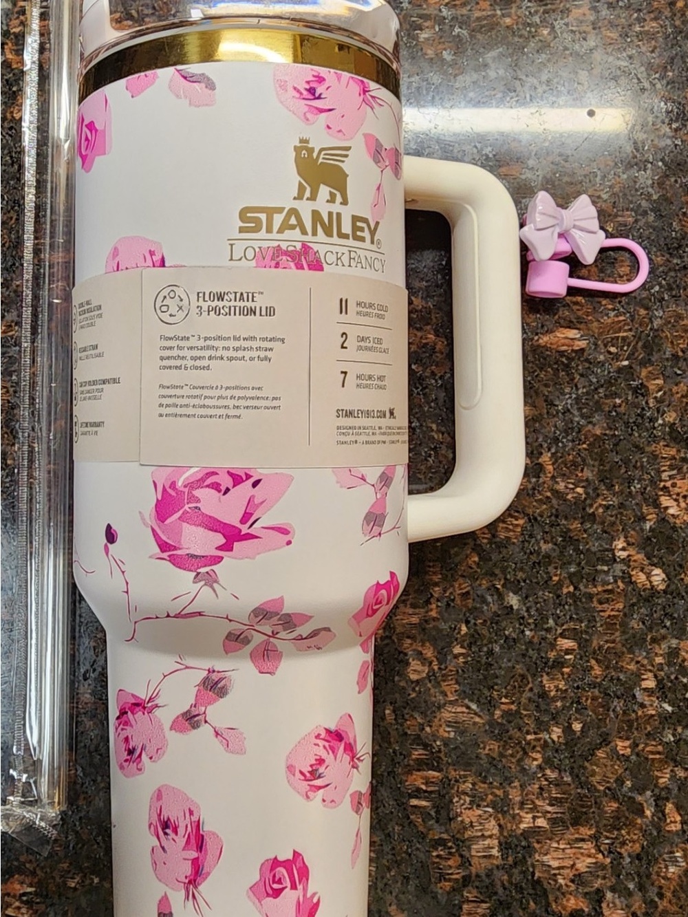 Stanley White Tumbler with Pink Floral Accents and Gold Logo